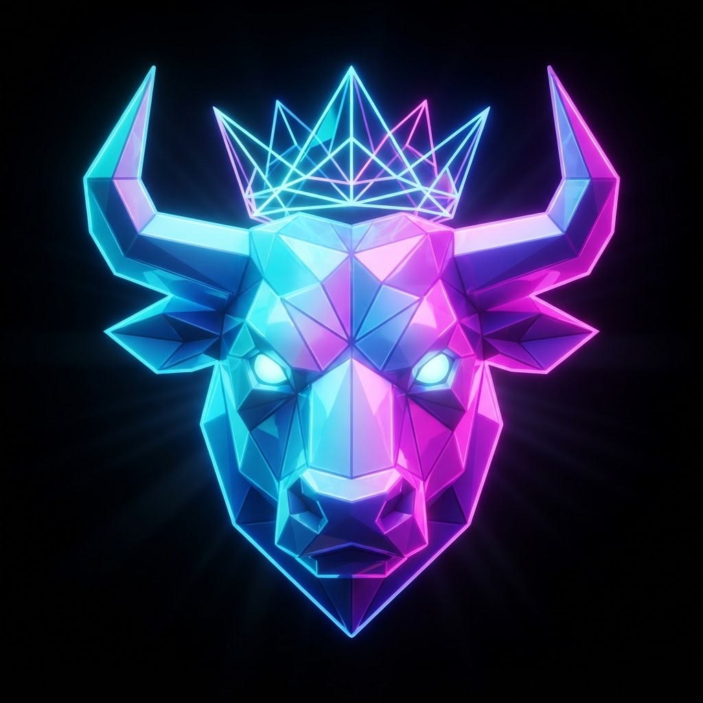 The SOLSEM bull wearing a glowing geometric crown on a throne